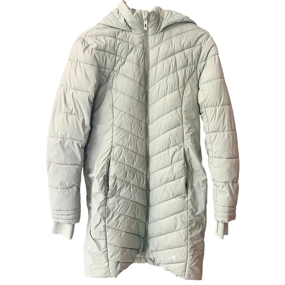 Spyder Womens Sage Green Hooded Puffer Jacket Chevron Quilted Size‎ Small - Picture 2 of 12